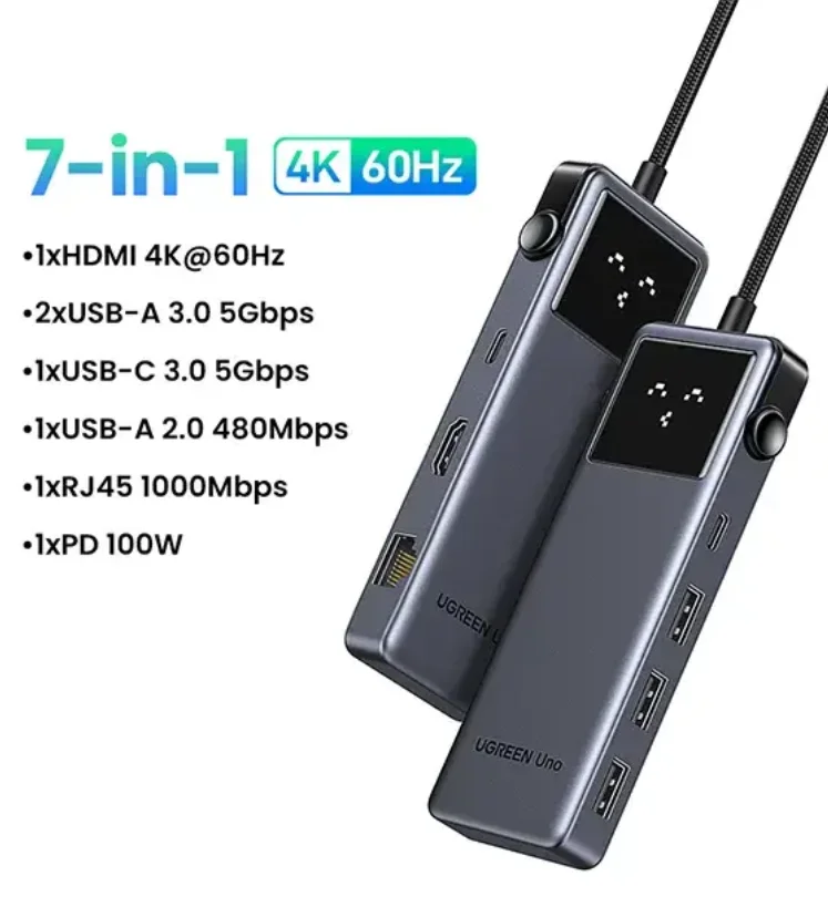 UGREEN Type-C Hub 7-in-1, USB C Dock Adapter - USB-C, USB-A, 4K60Hz HDMI, RJ45 1000Mbps